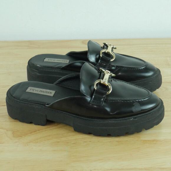 Steve Madden 7.5 Mules Chunky Heel Loafer Slip On Black Horsebit Hardware Preppy - Picture 1 of 14
